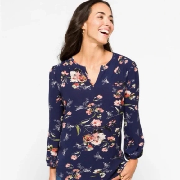 Fun 2 Fun navy blue floral notch V neckline long sleeve blouse S - Picture 1 of 8